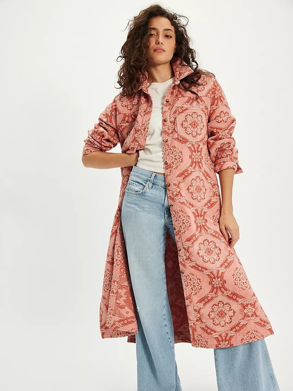 Free people We The Free Brick Lane Jacquard Maxi Shirt Jacket soft pink combo